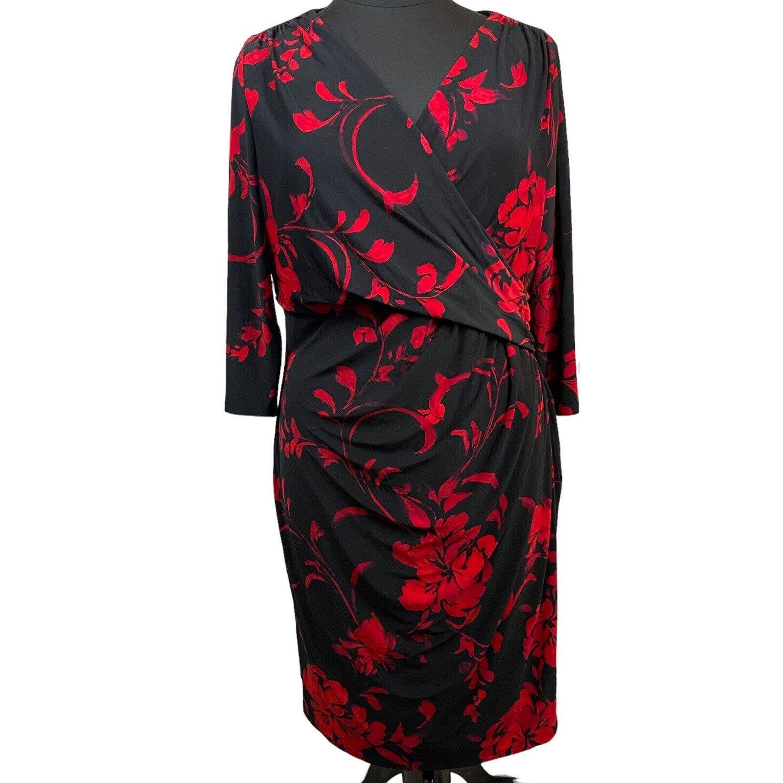 Lauren Ralph Lauren 18w Red Floral Faux Wrap Dress Side Rouched Slinky Stretch